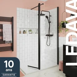 Paroi de douche à l'italienne fixe avec volet l.80+45 x H.195 cm, verre transparent, profilés alu noir, GoodHome Ledava