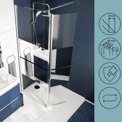 Paroi de douche à l'italienne fixe avec volet l.80+45 x H.195 cm, bandes miroir, profilés alu chrome, GoodHome Ledava
