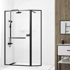 Paroi de douche à l'italienne fixe + volet pivotant 90+40 x 200 cm, noir mat, Galedo Dark Edge Shelf