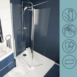 Paroi de douche à l'italienne fixe avec volet l.80+45 x H.195 cm, verre transparent, profilés alu chrome, GoodHome Ledava