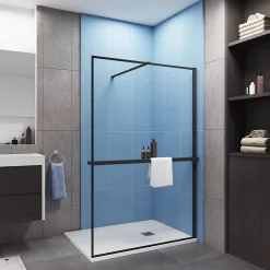 Paroi de douche à l'italienne noir 140x200cm - 8mm verre anticalcaire + Étagère de Douche 140cm + barre de fixation 140cm