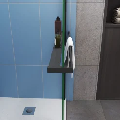 Paroi de douche à l'italienne noir 140x200cm - 8mm verre anticalcaire + Étagère de Douche 140cm + barre de fixation 140cm