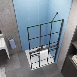 Paroi de douche à l'italienne noir 100x200cm + Étagère de Douche 100cm alu - 8mm Verre sécurité + barre de fixation noir 45cm