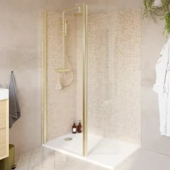 Paroi de douche à l'italienne + volet pivotant l.80+45 x 195 cm, profilés alu finition doré brossé, GoodHome Ledava