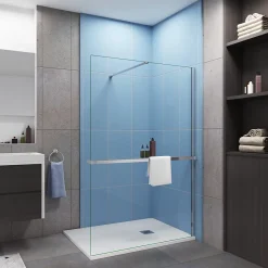 Paroi de douche à l'italienne Chrome 140x200cm - 8mm verre anticalcaire + Barre de fixation 140cm + Étagère de Douche 140cm