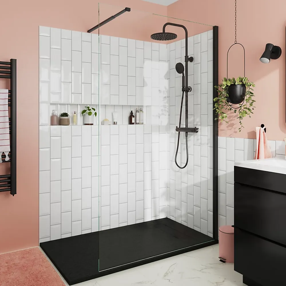 Paroi de douche à l'italienne fixe l.100 x H.195 cm, verre transparent, profilés alu noir, GoodHome Ledava