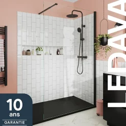 Paroi de douche à l'italienne fixe l.100 x H.195 cm, verre transparent, profilés alu noir, GoodHome Ledava