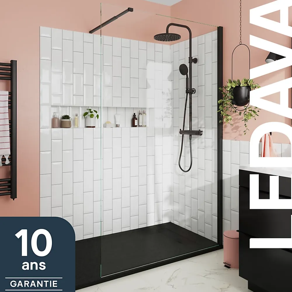 Paroi de douche à l'italienne fixe l.100 x H.195 cm, verre transparent, profilés alu noir, GoodHome Ledava