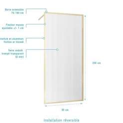 Paroi De Douche| Paroi de douche à l'italienne l.90 x H.200 cm verre ondulé et profilés doré brossé, Galedo Golden Edge