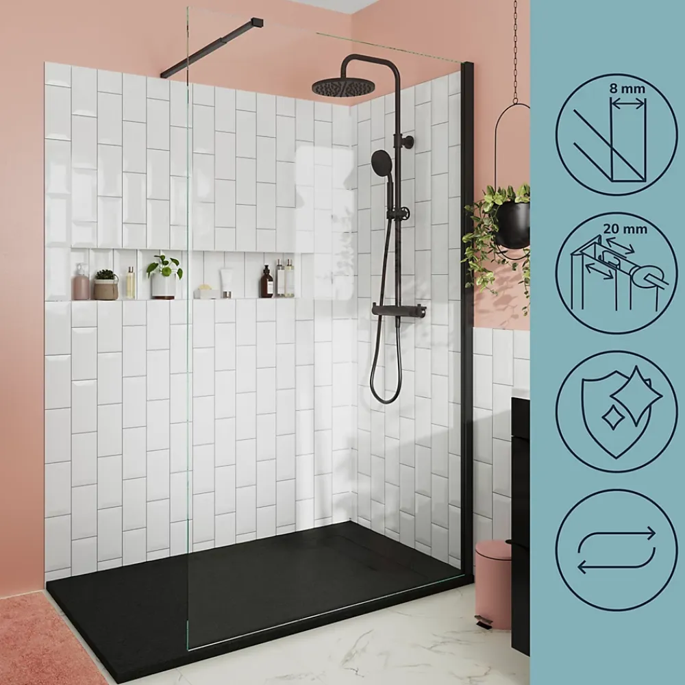 Paroi De Douche| Paroi de douche à l'italienne fixe l.120 x H.195 cm, verre transparent, profilés alu noir, GoodHome Ledava