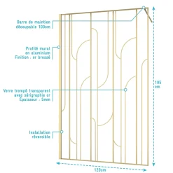 Paroi De Douche| Paroi de douche à l'italienne fixe l.120 x H.195 cm, motifs art déco, doré brossé, Galedo Art Deco