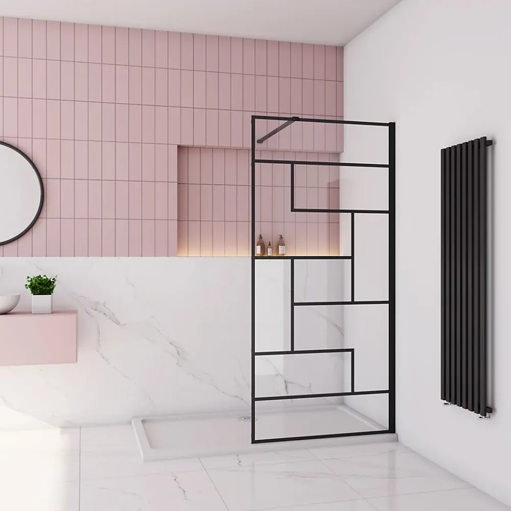 Paroi de douche à l'italienne 120x200cm avec barre de fixation carrée 90cm,8mm verre anticalcaire,style atelier -Noir mat