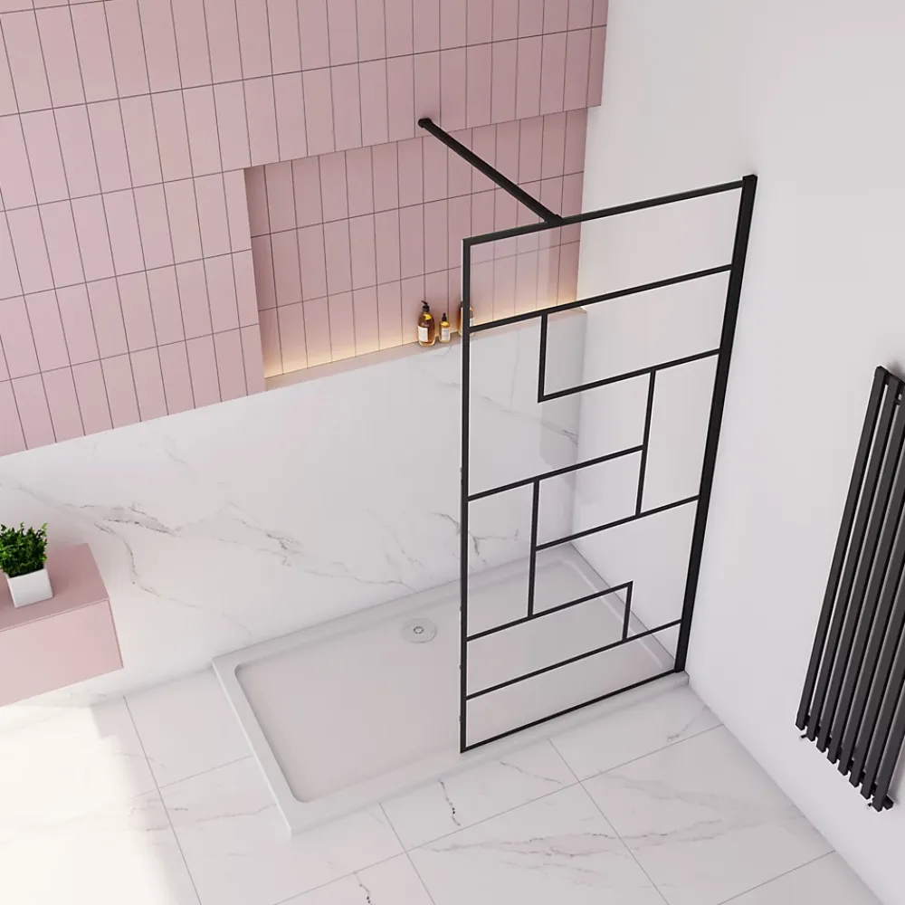 Paroi de douche à l'italienne 120x200cm avec barre de fixation carrée 90cm,8mm verre anticalcaire,style atelier -Noir mat