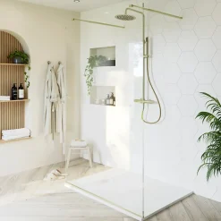 Paroi de douche à l'italienne centrale l.120 x 195 cm, profilés alu doré brossé, GoodHome Ledava