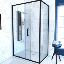 Aurlane Paroi de douche 1 porte coulissante + Retour 120x80x200 cm - Verre 6 mm - Profilé Noir - CRUSH