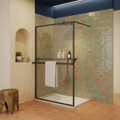 Essebagno Paroi de douche 120 x 200 avec Porte Serviette et Porte Savon cadre complet Noire