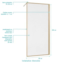 Paroi De Douche|Aurlane Paroi de douche 90 x 200 HINATA - style Japandi courbes douces - Cadre effet Bois - Verre 6mm