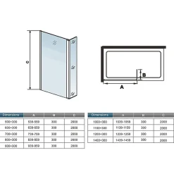 Paroi de douche avec 30 cm retour pivotant - 70 x 200 cm - 8 mm Verre effet Brume, finition chrome avec barre de fixation 140cm