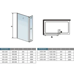 Paroi de douche avec 40 cm retour pivotant - 80 x 200 cm - 8 mm Verre effet Brume, finition chrome avec barre de fixation 140cm