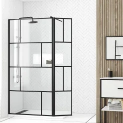 Paroi De Douche|Aurlane Paroi de douche avec pivot 80+40x195cm - Sérigraphie type Briques et Profilés Noir - DARK BLOCKS