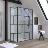 Aurlane Paroi de douche avec pivot 120+40x195cm - Sérigraphie type Briques et Profilés Noir - DARK BLOCKS