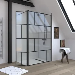 Aurlane Paroi de douche avec pivot 120+40x195cm - Sérigraphie type Briques et Profilés Noir - DARK BLOCKS