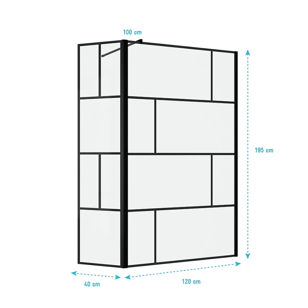 Aurlane Paroi de douche avec pivot 120+40x195cm - Sérigraphie type Briques et Profilés Noir - DARK BLOCKS