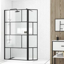 Paroi De Douche|Aurlane Paroi de douche avec pivot 100+40x195cm - Sérigraphie type Briques et Profilés Noir - DARK BLOCKS
