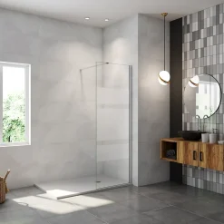 Paroi de douche chrome 90x190cm,6mm verre anticalcaire avec bandes horizontales sérigraphiées,avec barre de fixation 90cm
