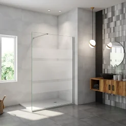 Paroi de douche chrome 140x190cm,6mm verre anticalcaire avec bandes horizontales sérigraphiées,avec barre de fixation 90cm