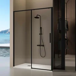 Porte De Douche|Kassandra Paroi de douche coulissante DELTA - Noir Mat - 157-159.6 cm - Fermeture amortie - Réversible - Anticalcaire