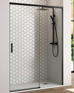 Baño Total Paroi de douche coulissante 1 porte 1 fixe 1 porte 175 cm (Adaptable 169-174cm) Verre 6 mm clair anti-calcaire Perfil Negro