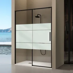 Porte De Douche|Kassandra Paroi de douche coulissante DELTA - Noir Mat - Sérigraphié - 113-115.6 cm - Fermeture amortie - Réversible - Anticalcaire
