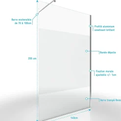 Aurlane Paroi de Douche Dépolie 140x200cm + Barre de fixation extensible - Verre 8mm - Finition Chrome