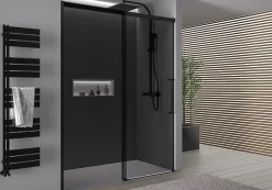 Porte De Douche|Bernstein Paroi de douche en niche 195x110cm, profil noir mat, Verre gris 8mm, Cabine de douche encastrée porte coulissante - DX906 FLEX