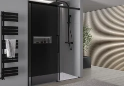 Porte De Douche|Bernstein Paroi de douche en niche 195x110cm, profil noir mat, Verre gris 8mm, Cabine de douche encastrée porte coulissante - DX906 FLEX