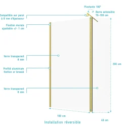 Paroi De Douche|Aurlane Paroi de Douche et Volet Pivotant 100+40x200 cm - Profilé + Barre de Fixation Or Doré Brossé