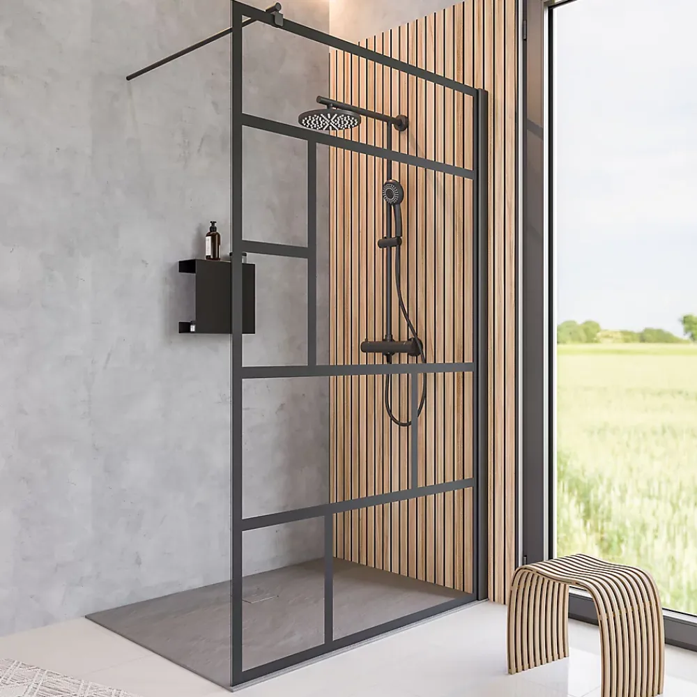 Paroi De Douche| Paroi de douche fixe à l'italienne l.140xH.200cm, Walk In verrière atelier, verre transparent anticalcaire 6mm, profilé noir mat, Schulte NewStyle