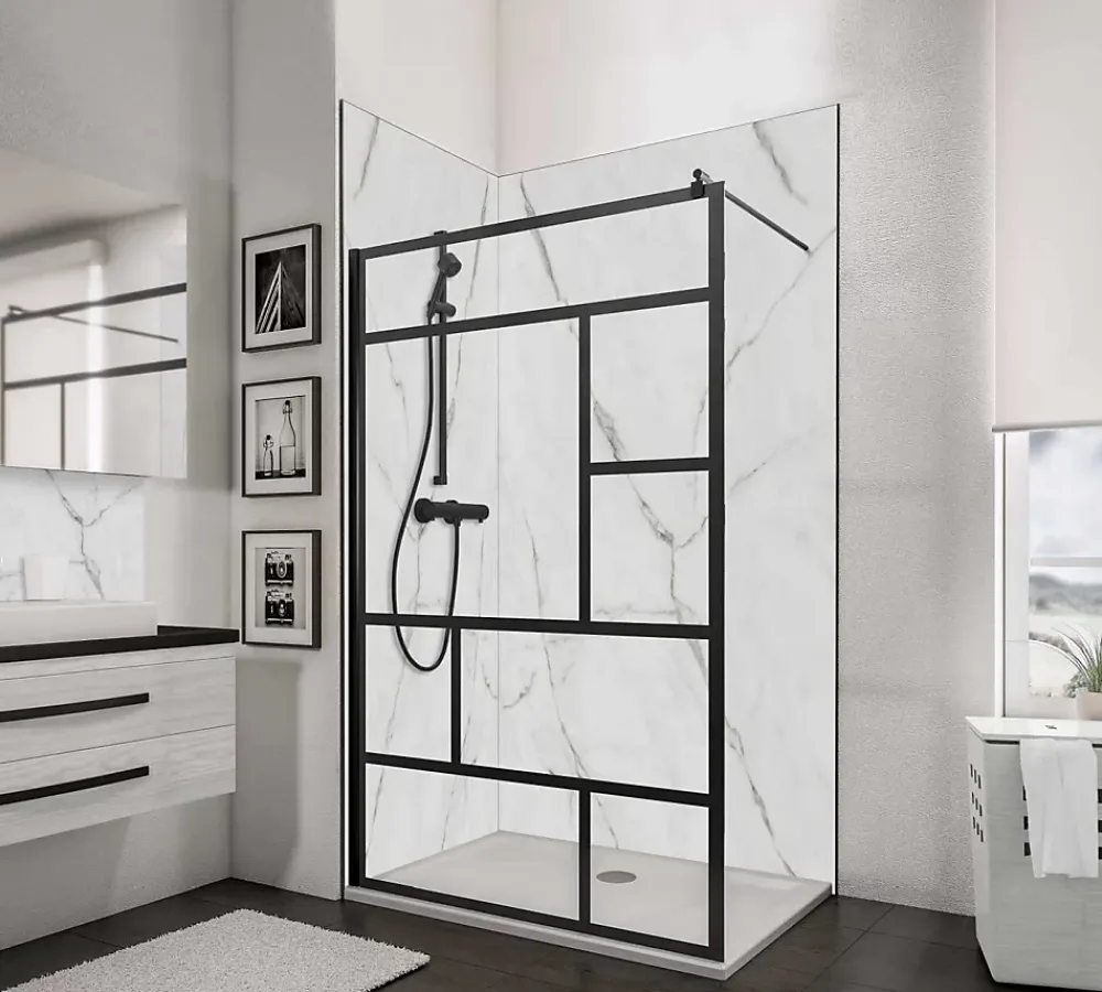 Paroi De Douche| Paroi de douche fixe à l'italienne l.140xH.200cm, Walk In verrière atelier, verre transparent anticalcaire 6mm, profilé noir mat, Schulte NewStyle