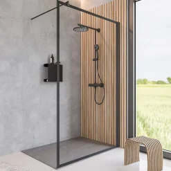 Paroi De Douche| Paroi de douche fixe à l'italienne l.90xH.200cm, Walk In, verre transparent 6mm, profilé noir mat, Schulte NewStyle