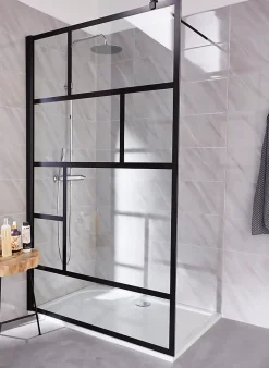 Paroi de douche fixe à l'italienne l.120xH.200cm, Walk In verrière atelier, verre transparent anticalcaire 6mm, profilé noir mat, Schulte NewStyle