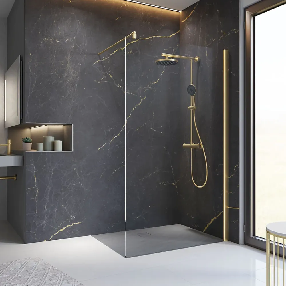 Paroi de douche fixe à l'italienne l.100xH.200cm, Walk In, verre transparent anticalcaire 6mm, profilé doré mat, Schulte NewStyle
