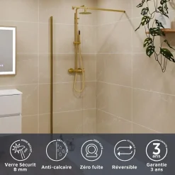 Paroi De Douche|Cuisibane Paroi de douche fixe dorée 110 cm x 200 cm GOLDY - Verre 8 mm