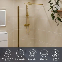 Paroi De Douche|Cuisibane Paroi de douche fixe dorée 100 cm x 200 cm GOLDY - Verre 8 mm