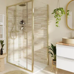 GoodHome Paroi de douche fixe l.90 x 195 cm, profilés alu finition doré brossé, Ledava