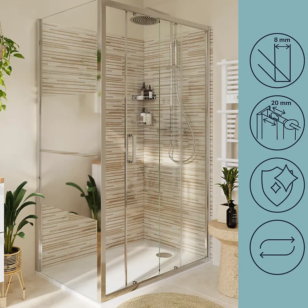 Paroi De Douche|GoodHome Paroi de douche fixe l.80 x H.195 cm, bandes miroir, profilés alu chrome, Ledava