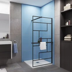 Paroi De Douche| Paroi de douche fixe noir 100x200 cm verre 8mm anticalcaire style moderne + étagère alu 100 cm + barre fixation 73-120 cm