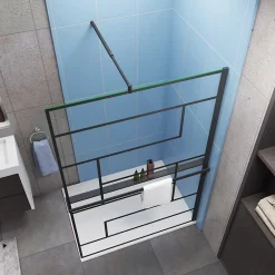 Paroi De Douche| Paroi de douche fixe noir 140x200 cm verre 8mm anticalcaire style moderne avec étagère alu 140 cm et barre fixation 70-120 cm