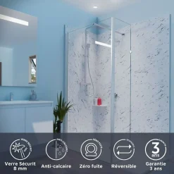 Cuisibane Paroi de douche italienne 100+40 x 200cm CALYPSO verre 8 mm avec volet pivotant