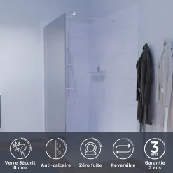 Cuisibane Paroi de douche miroir 120 cm MAORA - Verre 8 mm anticalcaire